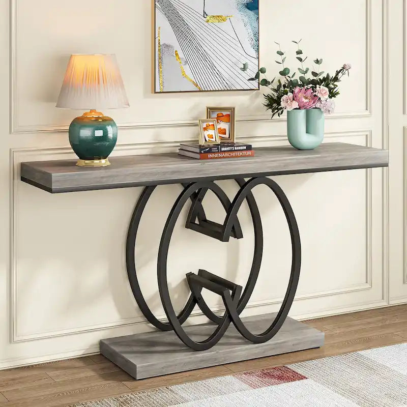Console de 55 pouces en faux marbre avec piètement géométrique en métal