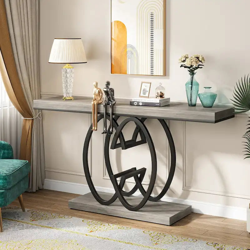 Console de 55 pouces en faux marbre avec piètement géométrique en métal
