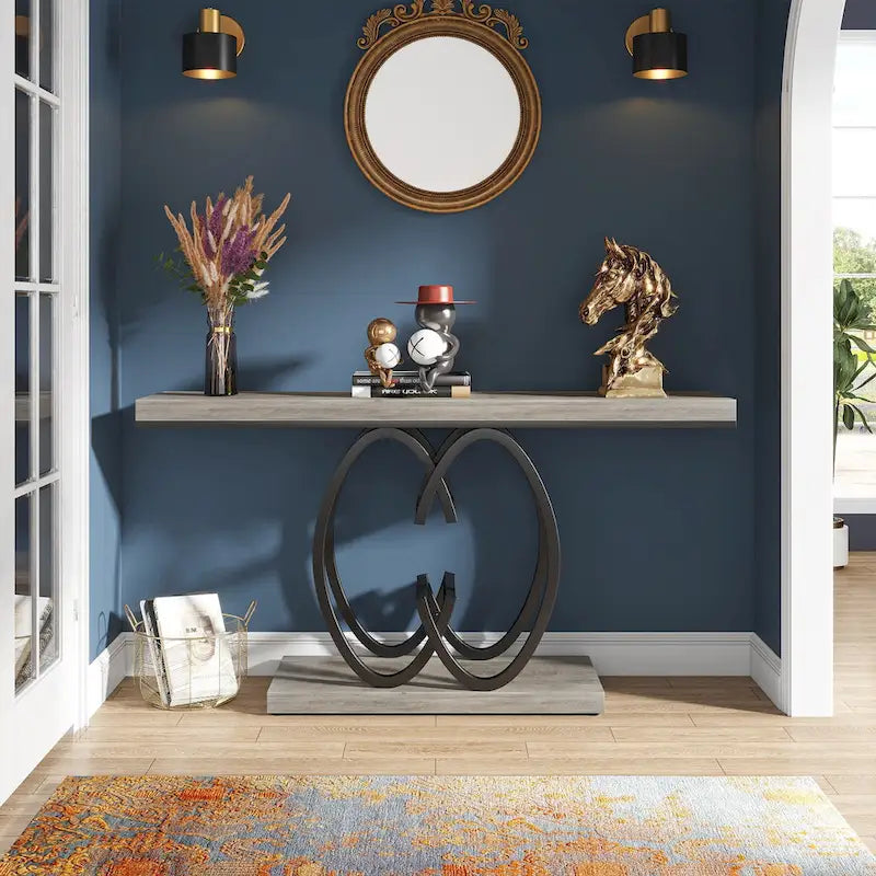 Console de 55 pouces en faux marbre avec piètement géométrique en métal