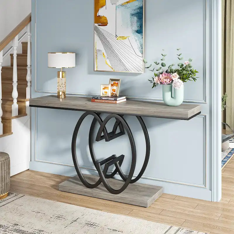 Console de 55 pouces en faux marbre avec piètement géométrique en métal