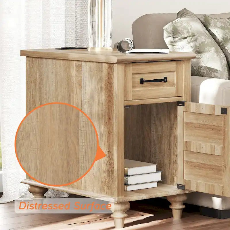 Table d'appoint moderne avec station de charge et rangement – Chêne et blanc