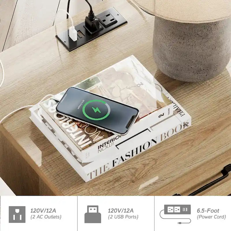 Table d'appoint moderne avec station de charge et rangement – Chêne et blanc