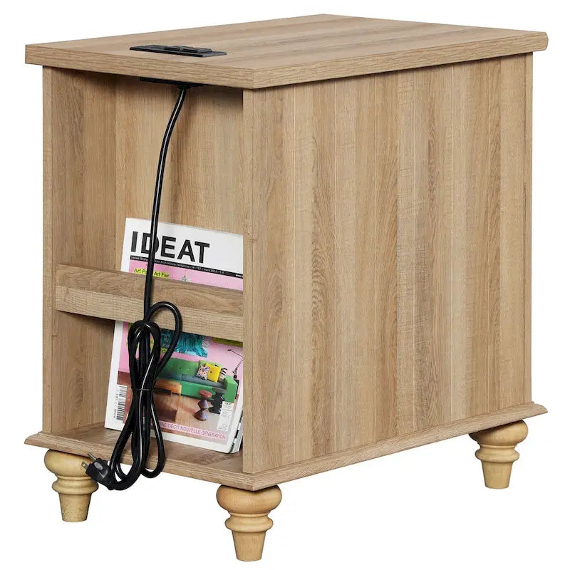Table d'appoint moderne avec station de charge et rangement – Chêne et blanc