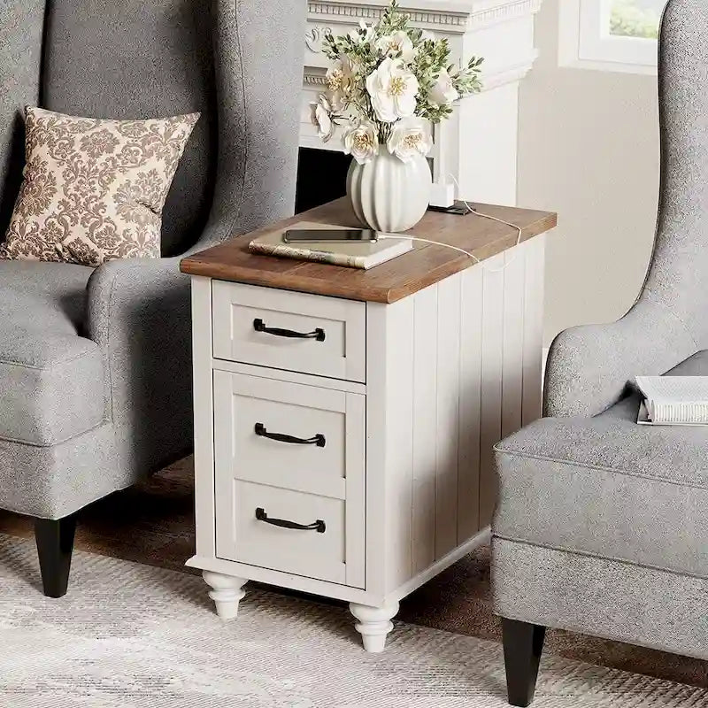 Table d'appoint moderne avec station de charge et rangement – Chêne et blanc