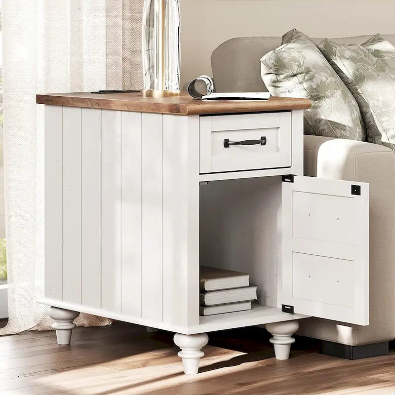 Table d'appoint moderne avec station de charge et rangement – Chêne et blanc