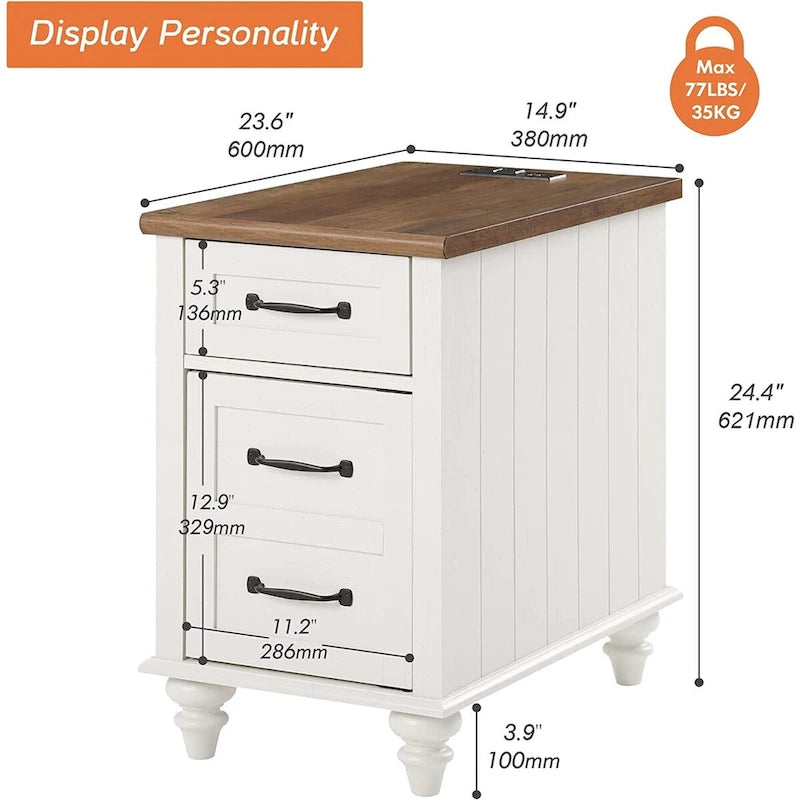 Table d'appoint moderne avec station de charge et rangement – Chêne et blanc