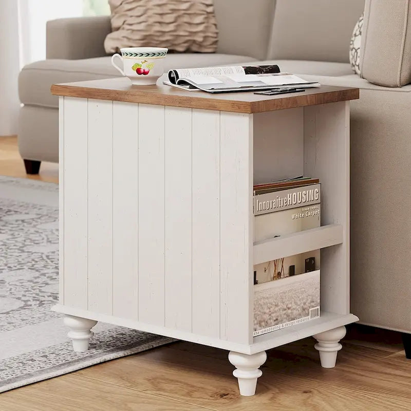 Table d'appoint moderne avec station de charge et rangement – Chêne et blanc