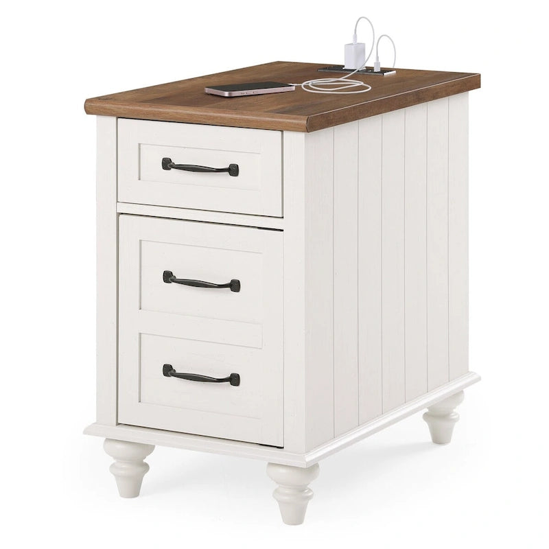 Table d'appoint moderne avec station de charge et rangement – Chêne et blanc