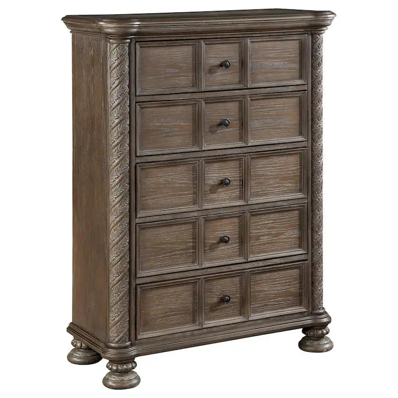 Commode à 5 tiroirs de 99 cm de hauteur avec pieds ronds – Style classique Chêne marron