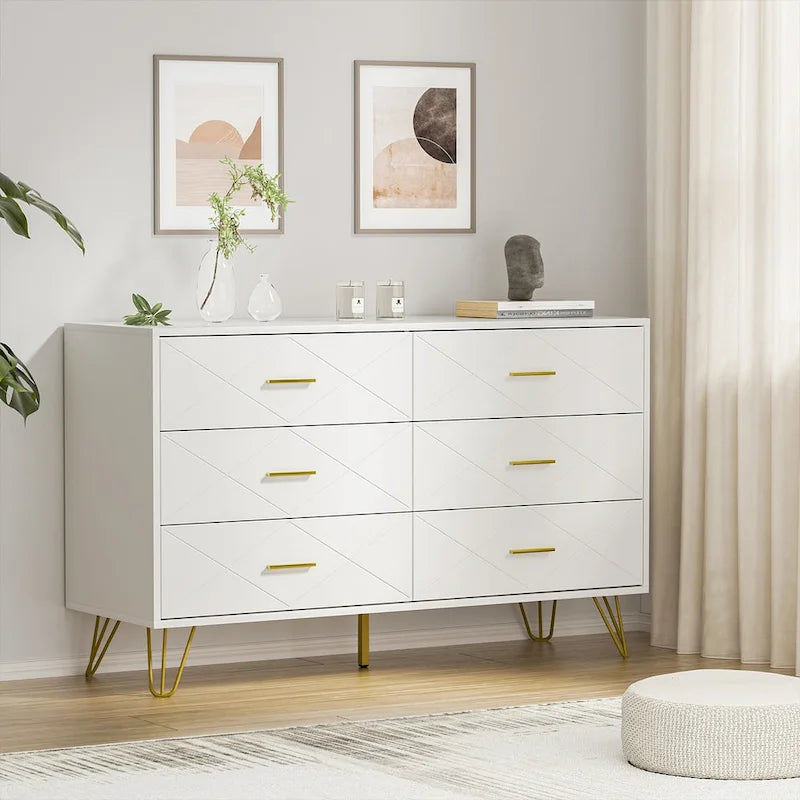 Commode à 6 tiroirs cannelés pour chambre à coucher avec plateau large et poignées dorées