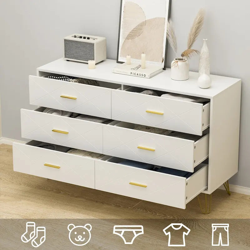 Commode à 6 tiroirs cannelés pour chambre à coucher avec plateau large et poignées dorées