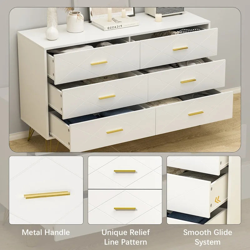 Commode à 6 tiroirs cannelés pour chambre à coucher avec plateau large et poignées dorées