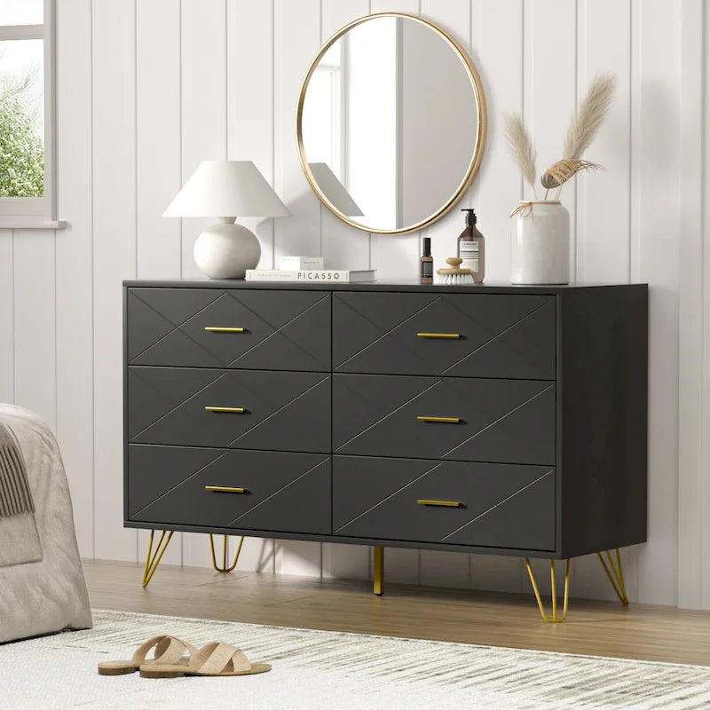 Commode à 6 tiroirs cannelés pour chambre à coucher avec plateau large et poignées dorées