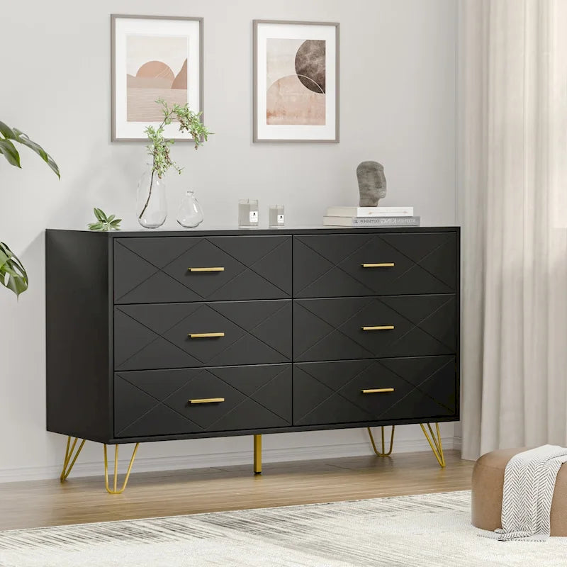 Commode à 6 tiroirs cannelés pour chambre à coucher avec plateau large et poignées dorées