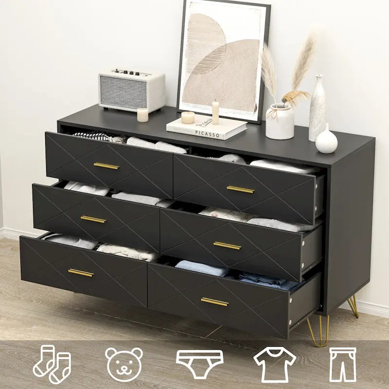 Commode à 6 tiroirs cannelés pour chambre à coucher avec plateau large et poignées dorées