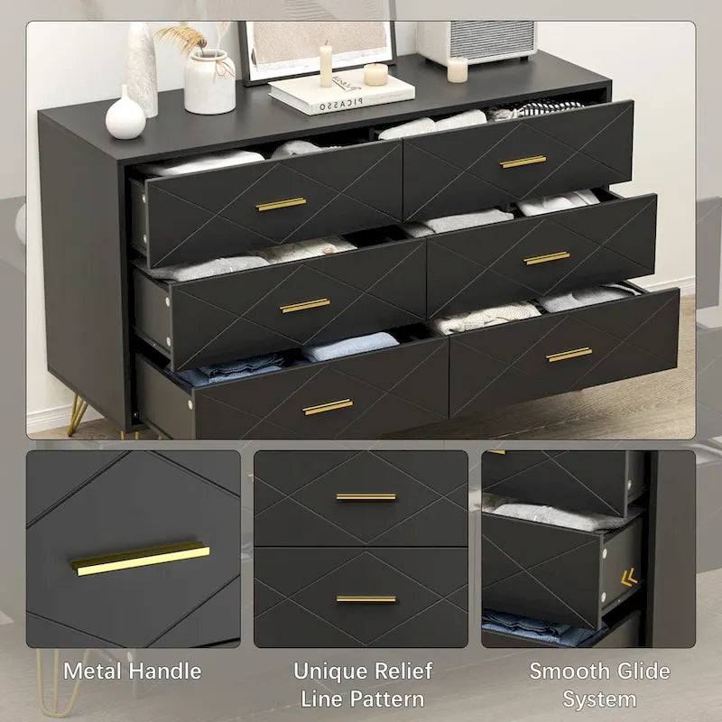Commode à 6 tiroirs cannelés pour chambre à coucher avec plateau large et poignées dorées
