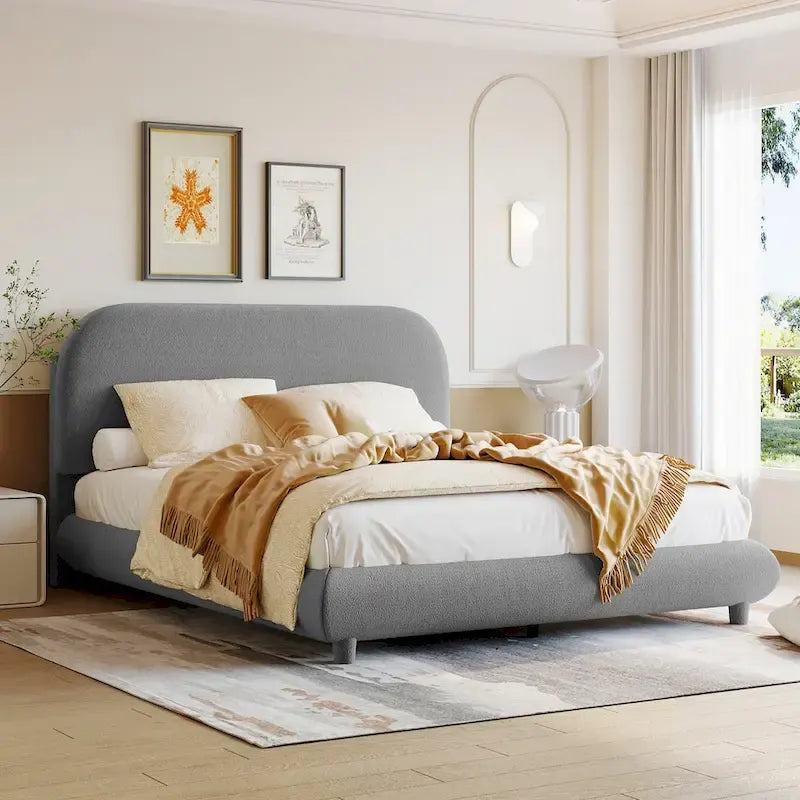Lit plateforme double entièrement recouvert de polaire avec design incurvé