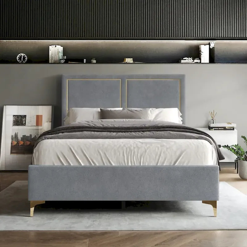 Lit Minimaliste Capitonnage Velours Détails Bandes Dorées