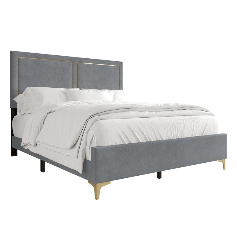 Lit Minimaliste Capitonnage Velours Détails Bandes Dorées