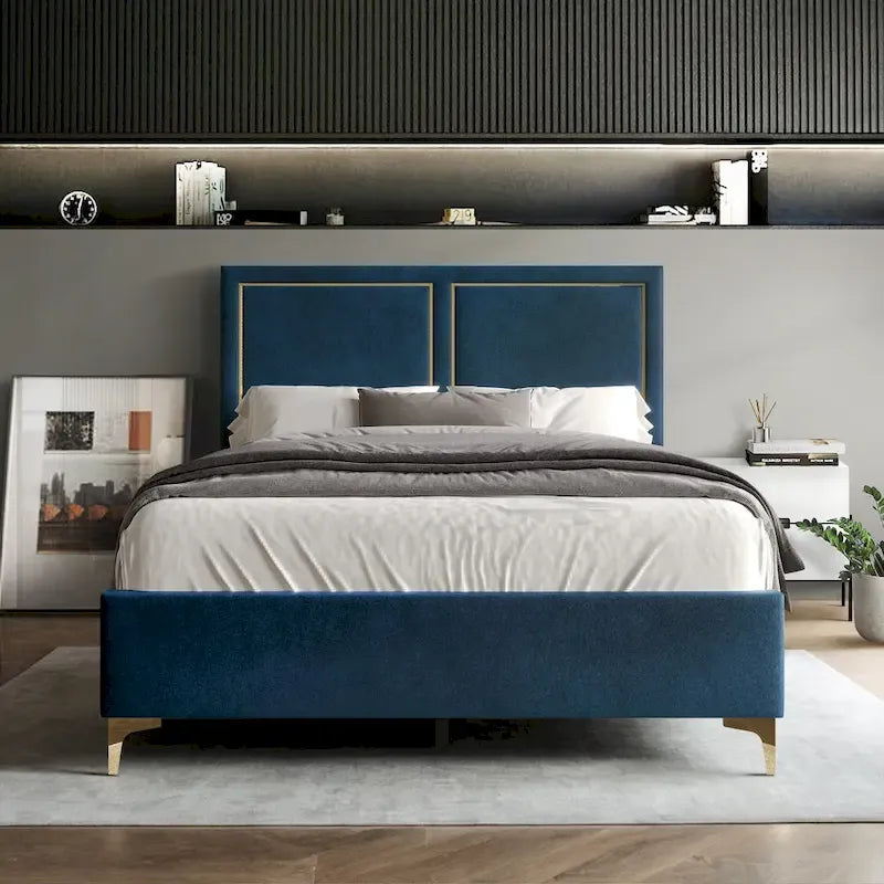 Lit Minimaliste Capitonnage Velours Détails Bandes Dorées