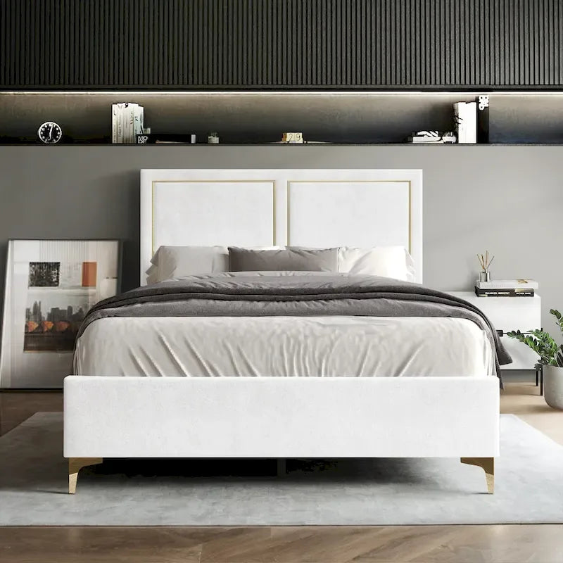 Lit Minimaliste Capitonnage Velours Détails Bandes Dorées