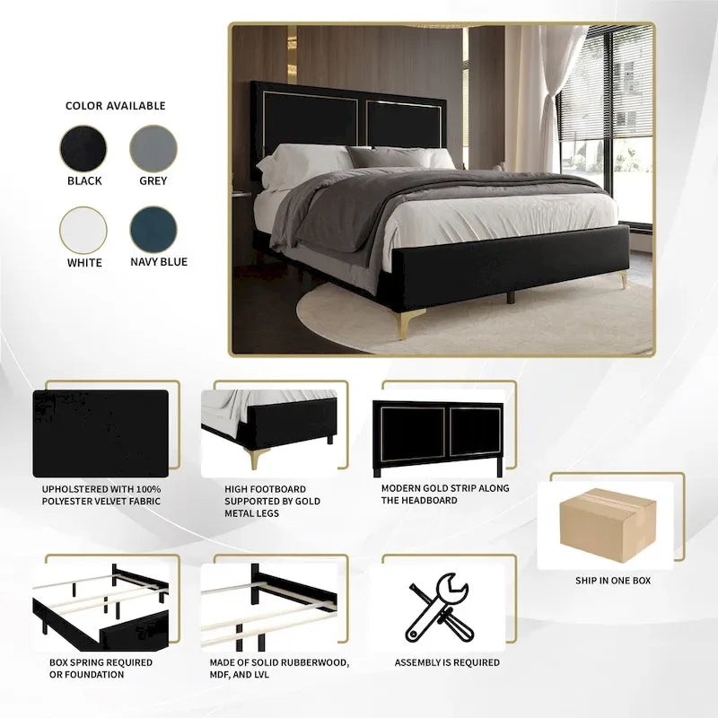 Lit Minimaliste Capitonnage Velours Détails Bandes Dorées