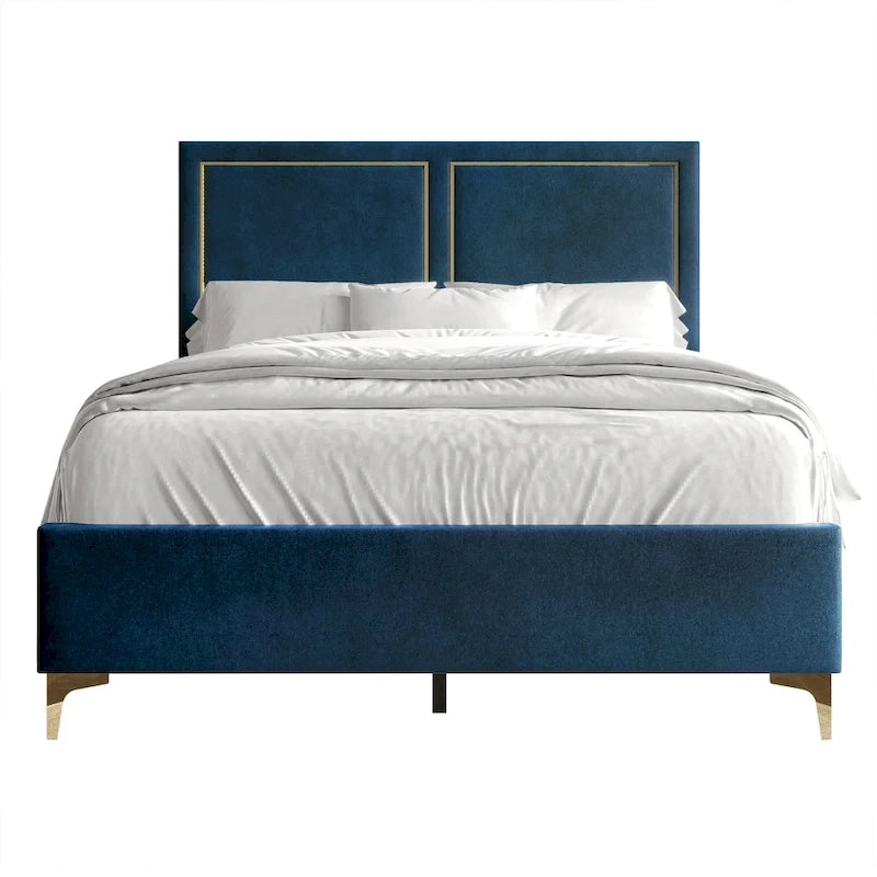 Lit Minimaliste Capitonnage Velours Détails Bandes Dorées