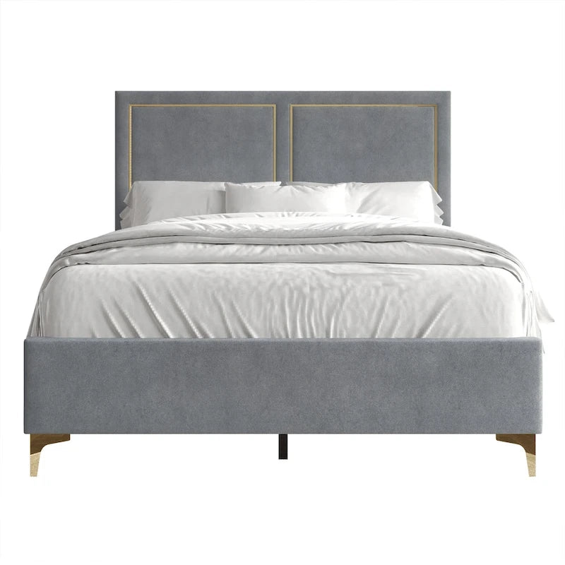 Lit Minimaliste Capitonnage Velours Détails Bandes Dorées