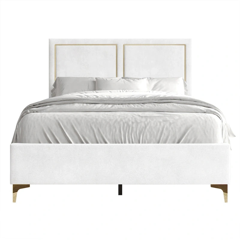 Lit Minimaliste Capitonnage Velours Détails Bandes Dorées