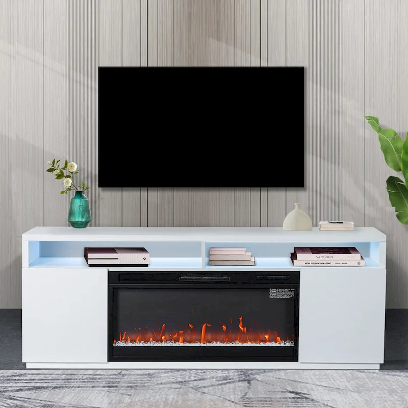 Meuble TV moderne blanc de 68 pouces avec cheminée électrique 3D de 36 pouces