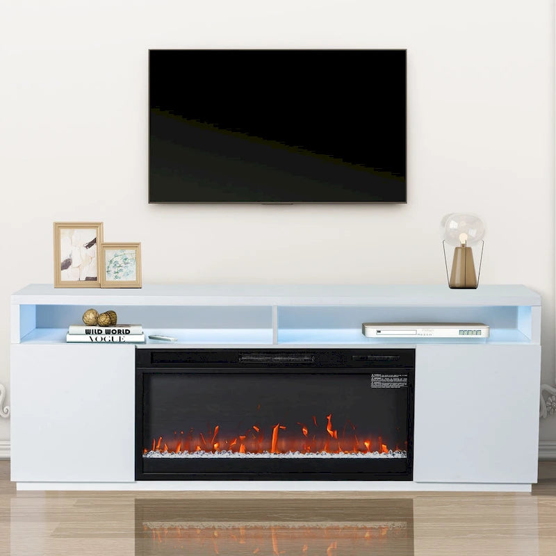 Meuble TV moderne blanc de 68 pouces avec cheminée électrique 3D de 36 pouces