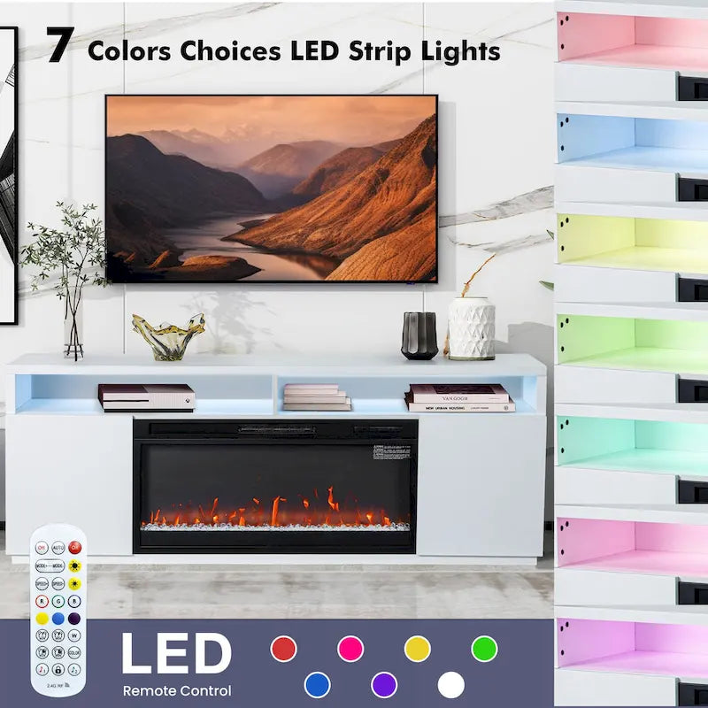 Meuble TV moderne blanc de 68 pouces avec cheminée électrique 3D de 36 pouces