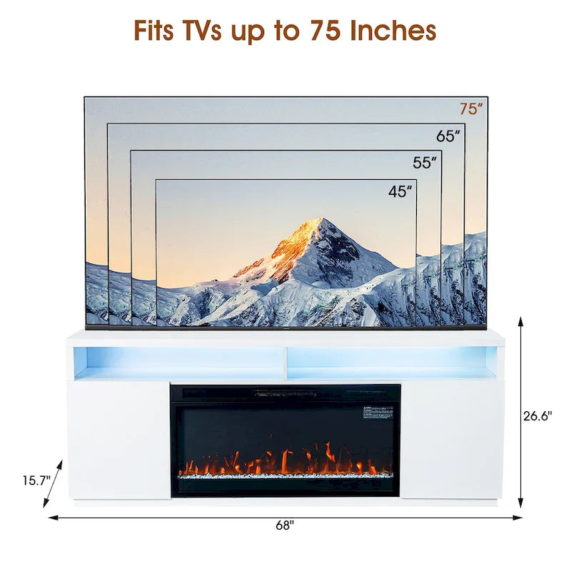 Meuble TV moderne blanc de 68 pouces avec cheminée électrique 3D de 36 pouces