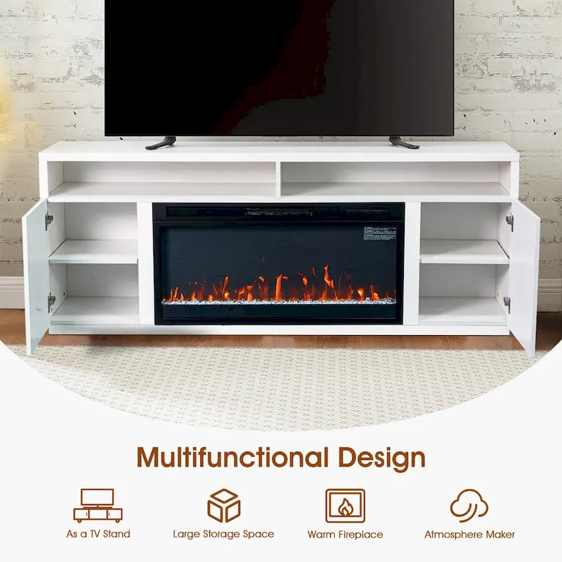 Meuble TV moderne blanc de 68 pouces avec cheminée électrique 3D de 36 pouces