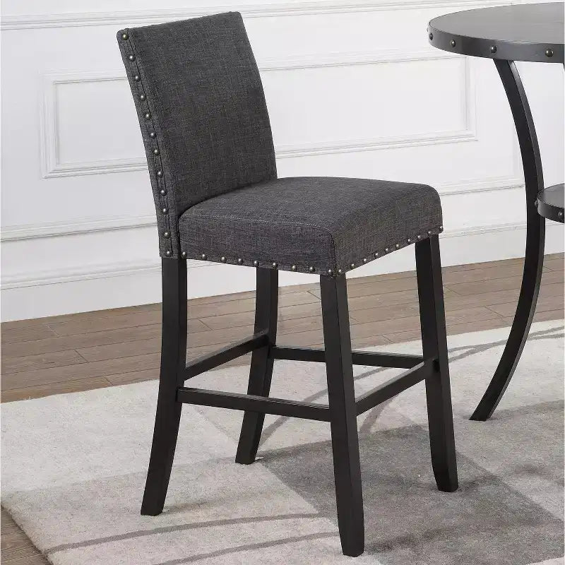 Biony 3-Piece 36 Round Espresso Finish Bar Table with 2 Gray Fabric Nail Head Pub Chairs
