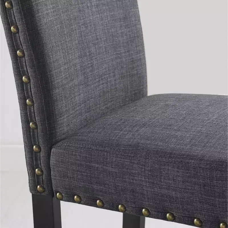 Biony 3-Piece 36 Round Espresso Finish Bar Table with 2 Gray Fabric Nail Head Pub Chairs