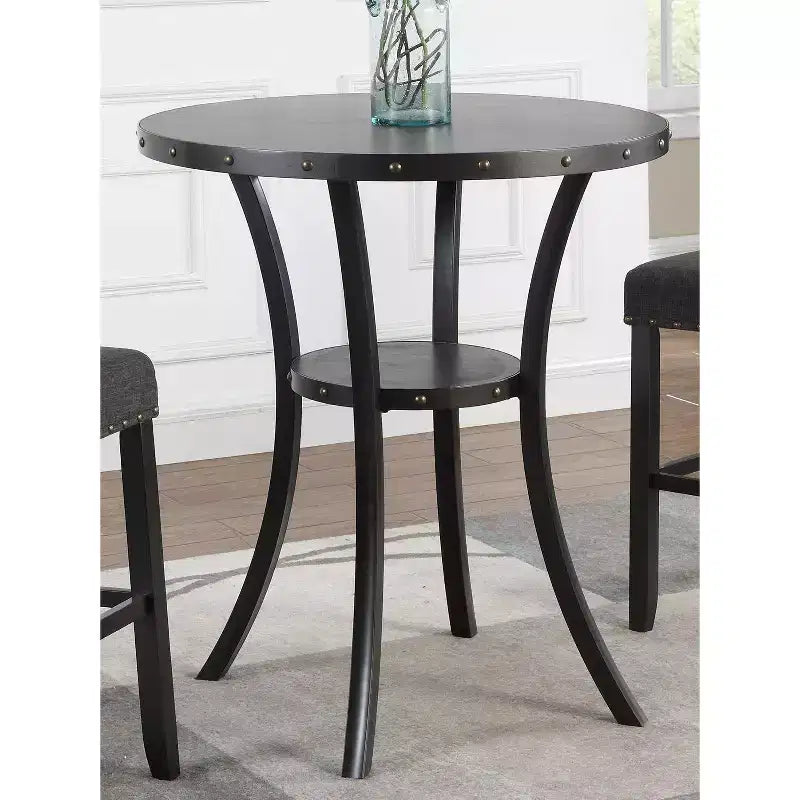 Biony 3-Piece 36 Round Espresso Finish Bar Table with 2 Gray Fabric Nail Head Pub Chairs