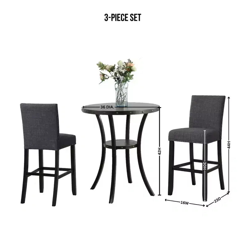 Biony 3-Piece 36 Round Espresso Finish Bar Table with 2 Gray Fabric Nail Head Pub Chairs