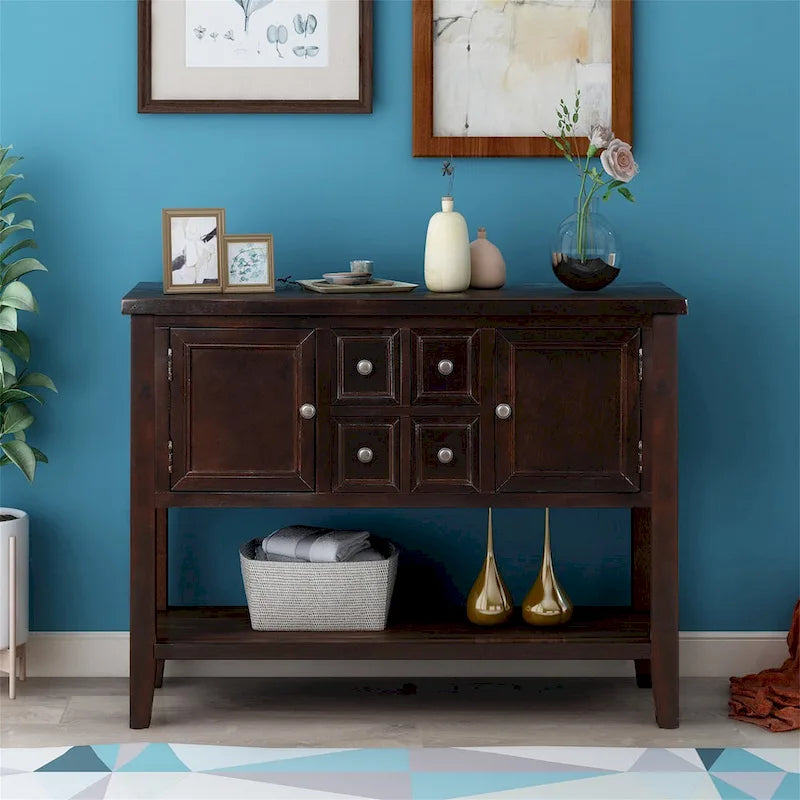 Buffet/bahut en bois massif de 46 po avec tiroirs, portes d'armoire et étagère inférieure