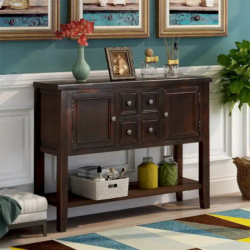 Buffet/bahut en bois massif de 46 po avec tiroirs, portes d'armoire et étagère inférieure
