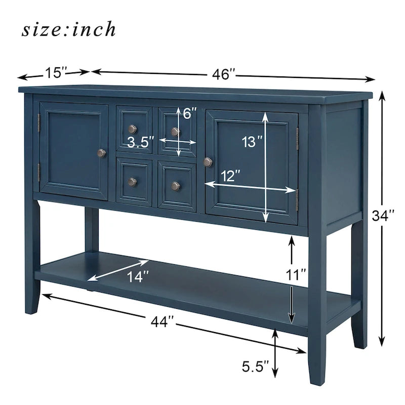 Buffet/bahut en bois massif de 46 po avec tiroirs, portes d'armoire et étagère inférieure
