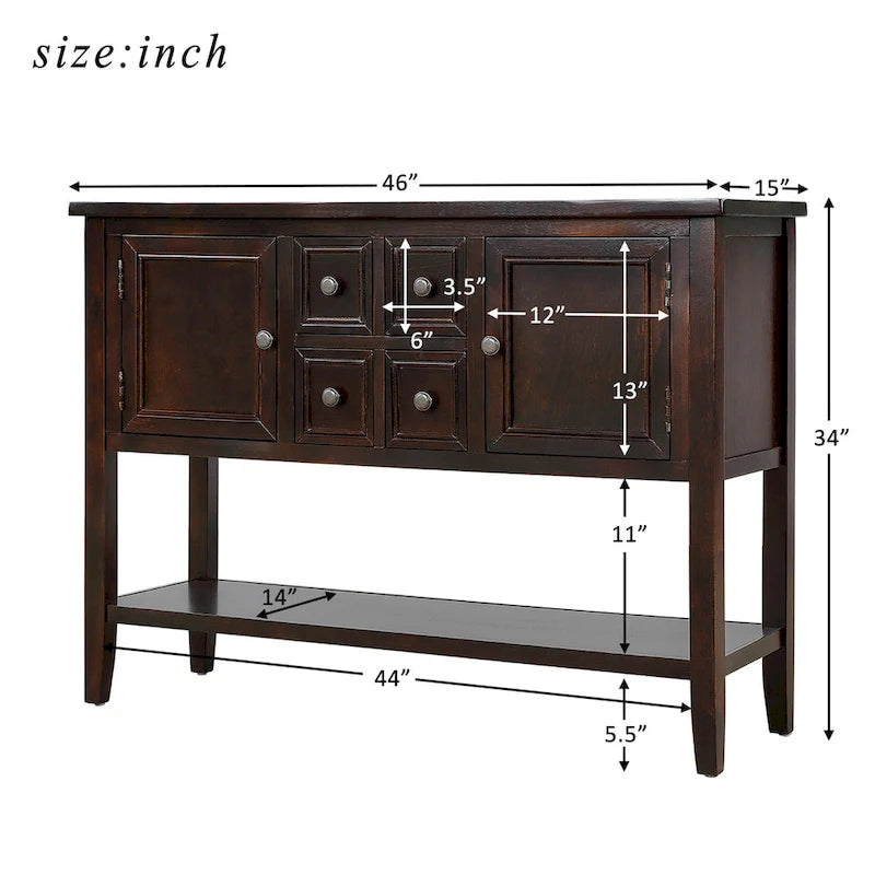 Buffet/bahut en bois massif de 46 po avec tiroirs, portes d'armoire et étagère inférieure