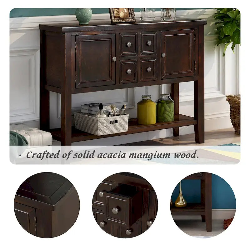 Buffet/bahut en bois massif de 46 po avec tiroirs, portes d'armoire et étagère inférieure