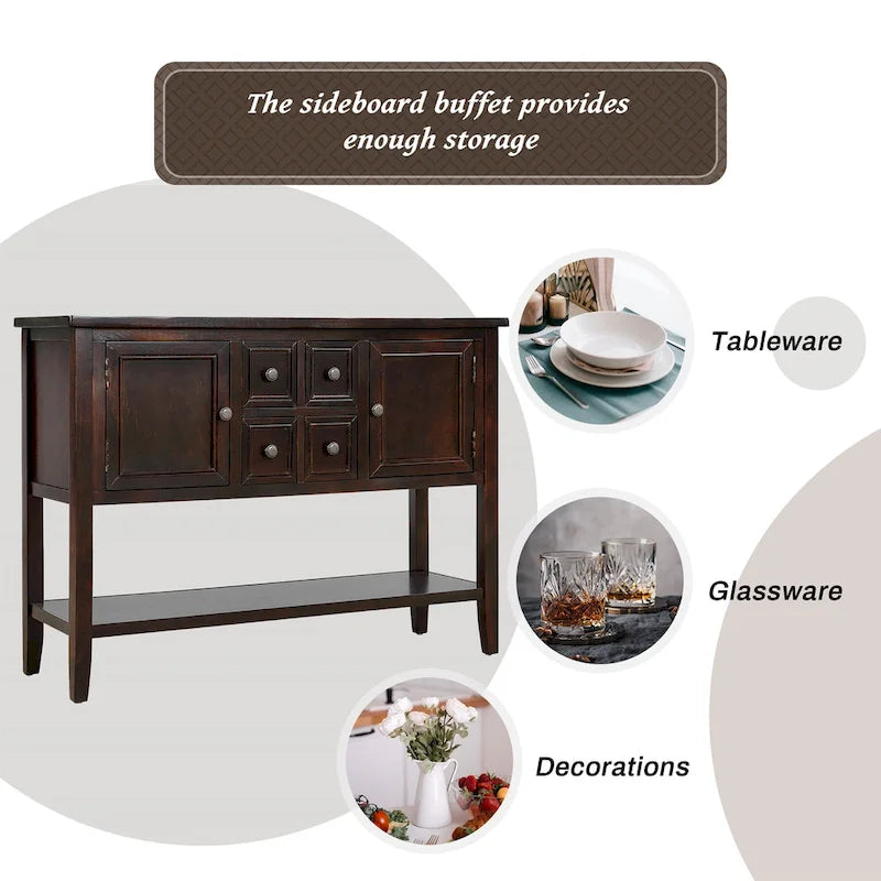 Buffet/bahut en bois massif de 46 po avec tiroirs, portes d'armoire et étagère inférieure