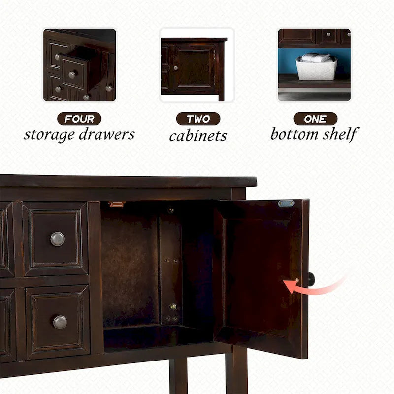 Buffet/bahut en bois massif de 46 po avec tiroirs, portes d'armoire et étagère inférieure
