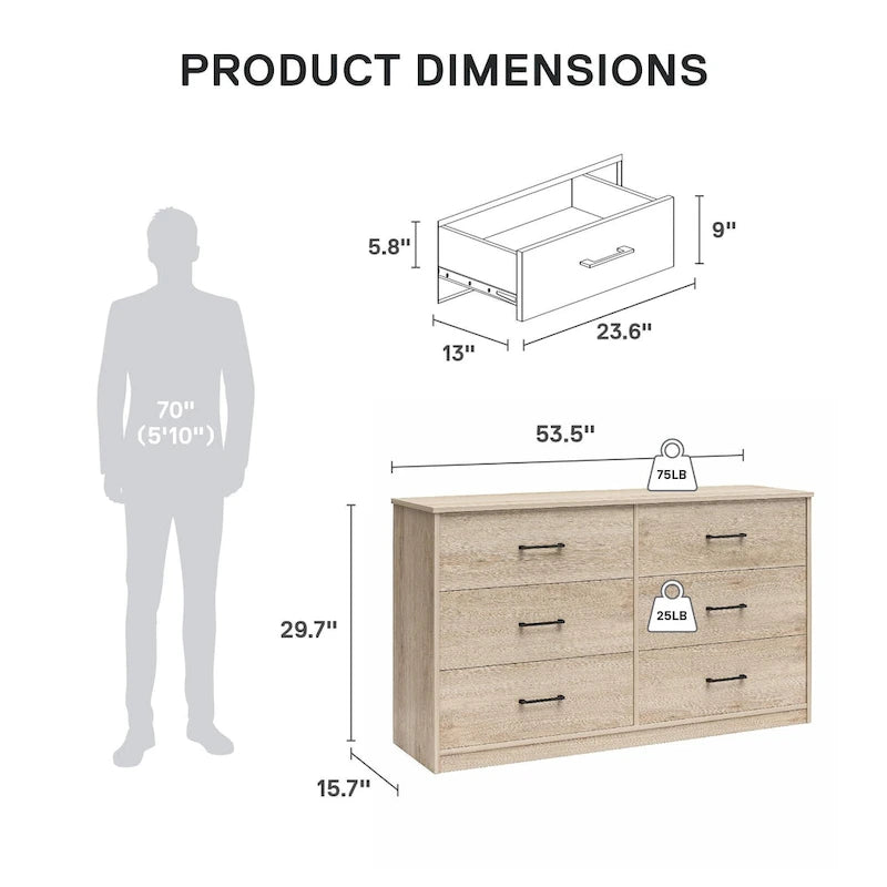 Commode large à 6 tiroirs au fini stratifié