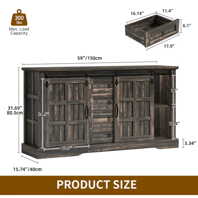 Buffet de ferme avec portes coulissantes et 4 tiroirs