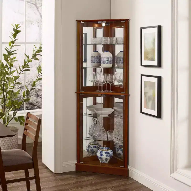 Corner Curio Cabinet, Cherry/Walnut, 4-Door Glass Display Cabinet