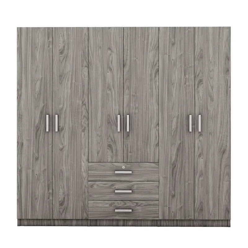 6-Doors Wooden Wardrobe Storage with 3 Big Drawers for Bedroom