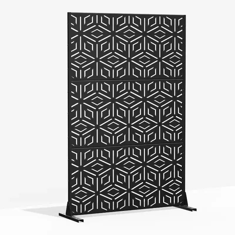 3-Panel Room Divider Screen with Geometric Pattern ¨C Black Galvanized Steel